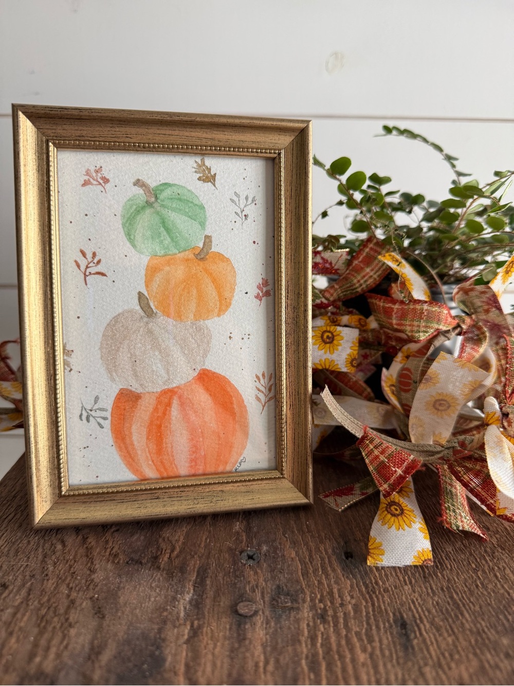 Pumpkin Stack Watercolor Framed original in 4x6 frame